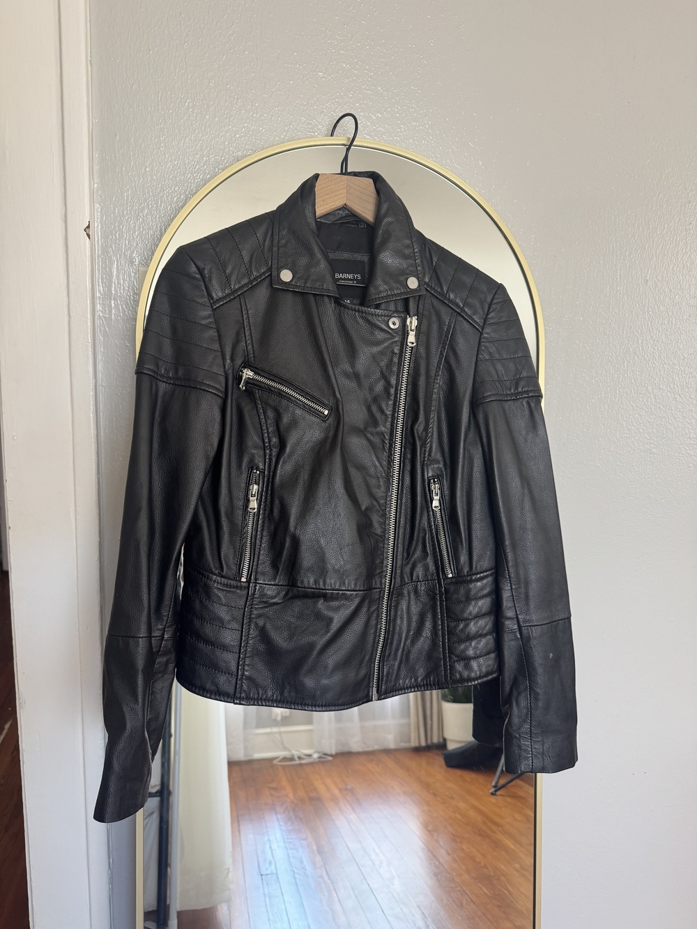 Barneys New York Black Real Leather Moto Jacket